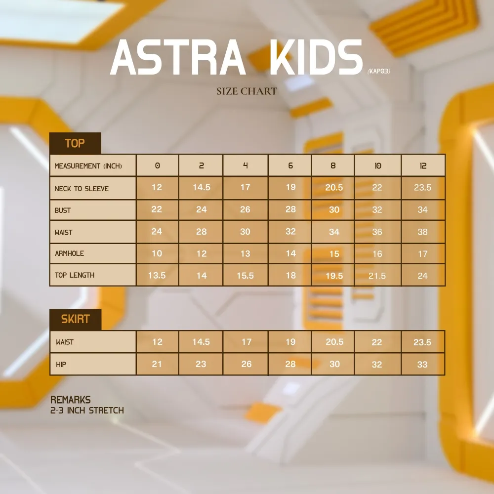 Astra Kids - Golden Brown <p><strong>Top</strong></p> <p><strong>Mini-Me Design:</strong> A matching <strong>Mini Kurung cutting</strong> with stylish <strong>Bishop sleeves</strong>.</p> <p><strong>Detailed Craftsmanship:</strong> Includes the signature <strong>trimming at the sleeves and top</strong>.</p> <p><strong>Polished Look:</strong> Features the classic <strong>Mandarin collar</strong>.</p> <p><strong>Easy Dressing:</strong> Equipped with a back opening and <strong>invisible zip</strong>.</p> <p> </p> <p><strong>Bottom</strong></p> <p><strong>Classic Shape:</strong> A matching <strong>box pleated skirt</strong>.</p> <p><strong>Sizing & Fit:</strong> * <strong>Sizes 8–12:</strong> Designed with a <strong>half waist band</strong> (Note: Specific to sizes 8–12).</p> Astra Kids - Golden Brown