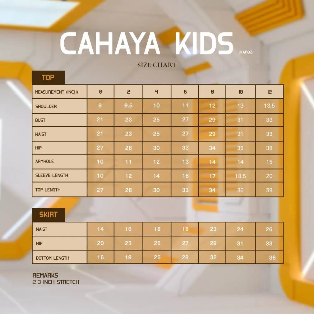 Cahaya - Midnight Blue <p><span data-sheets-root="1"><strong>Top</strong><br />- Mini kurung cutting<br />- Back opening with invisible zip<br />- Trimming at top<br />- Pleated sleeve<br />- Dummy button at front<br />- Mandarin collar</span></p> <p><strong>Bottom</strong><br />– 0-6 years size full waistband, 8-12 years size half waist band<br />- Box pleated skirt</p> Cahaya - Midnight Blue