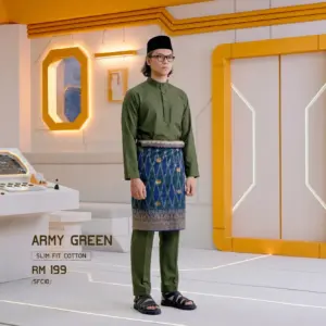 Baju Melayu Slim Fit ( Cotton ) - Army Green