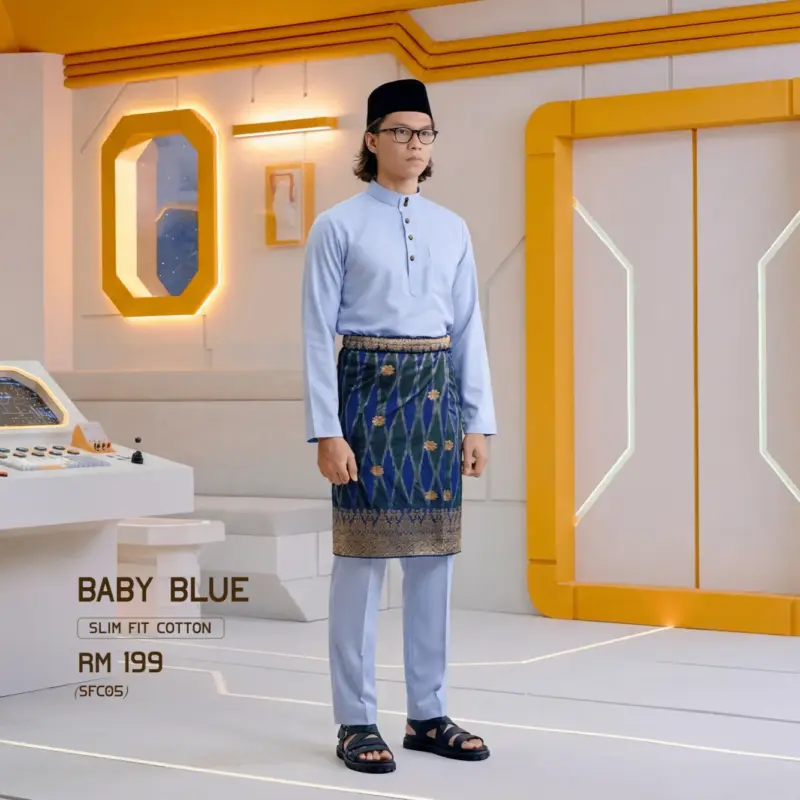 Baju Melayu Slim Fit ( Cotton ) - Baby Blue