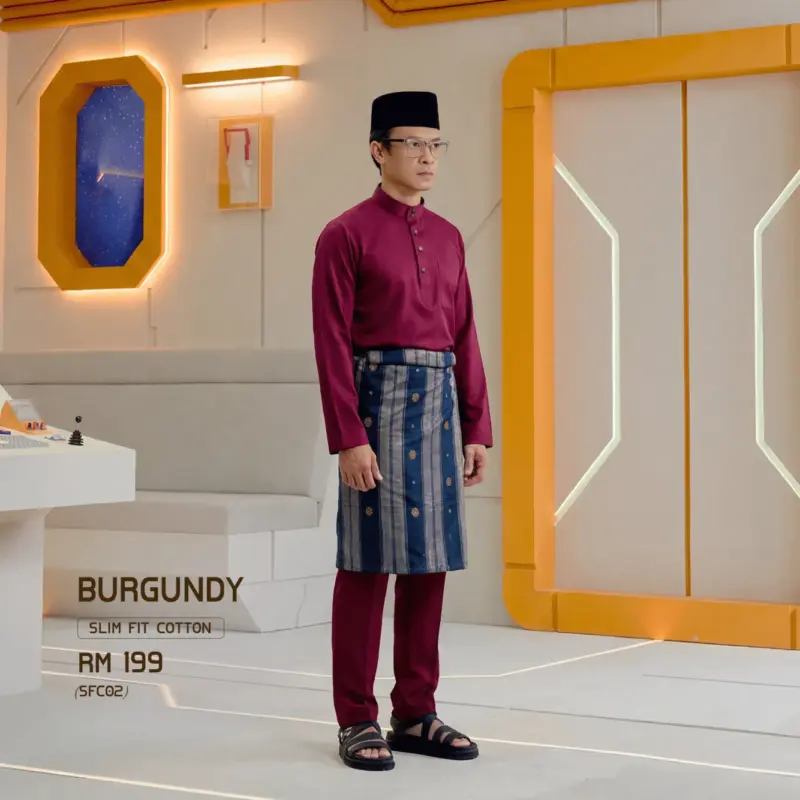 Baju Melayu Slim Fit ( Cotton ) - Burgundy