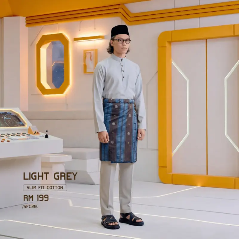 Baju Melayu Slim Fit ( Cotton ) - Light Grey