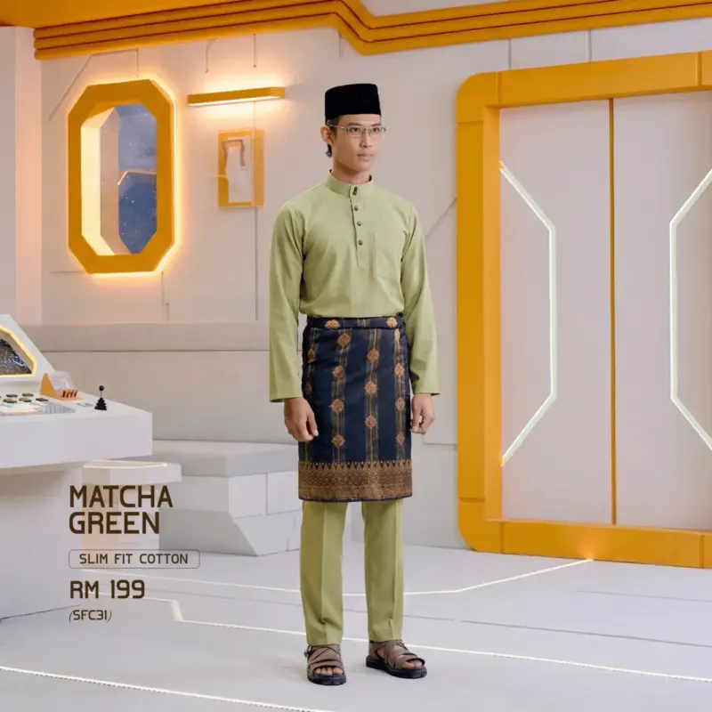 Baju Melayu Slim Fit ( Cotton ) - Matcha Green