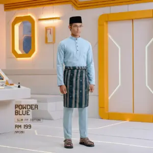 Baju Melayu Slim Fit ( Cotton ) - Powder Blue