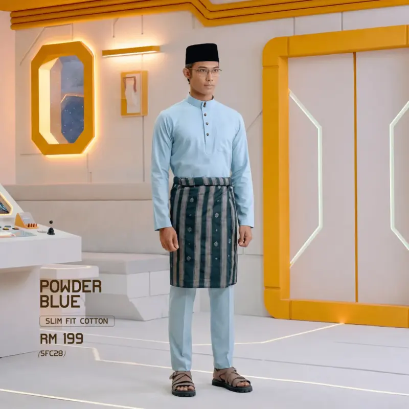 Baju Melayu Slim Fit ( Cotton ) - Powder Blue