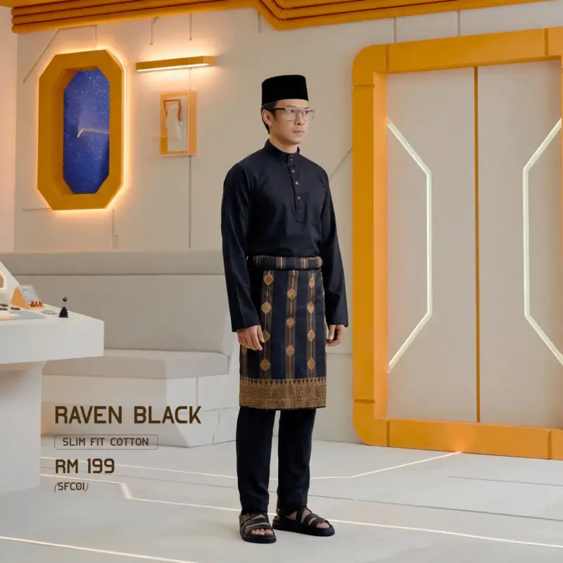 Baju Melayu Slim Fit ( Cotton ) - Raven Black