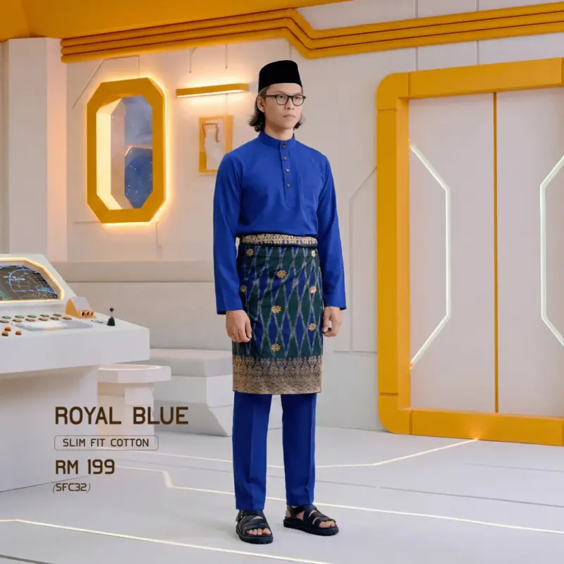 Baju Melayu Slim Fit ( Cotton ) - Royal Blue