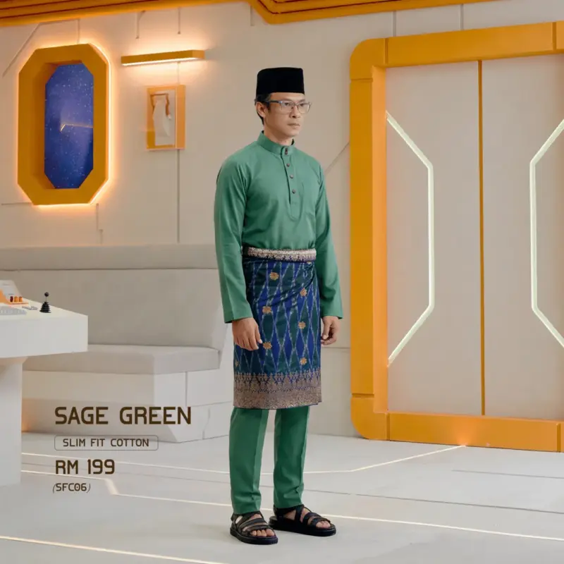 Baju Melayu Slim Fit ( Cotton ) - Sage Green