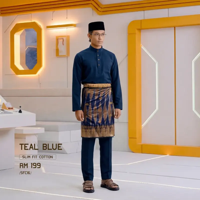 Baju Melayu Slim Fit ( Cotton ) - Teal Blue