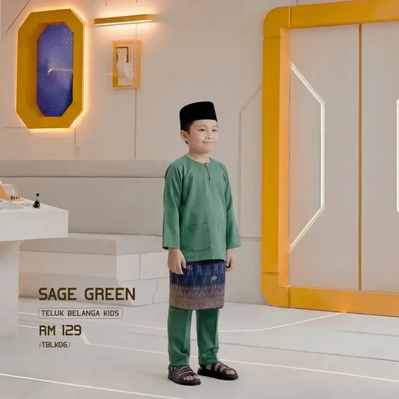 Baju Melayu Teluk Belanga Kids - Sage Green